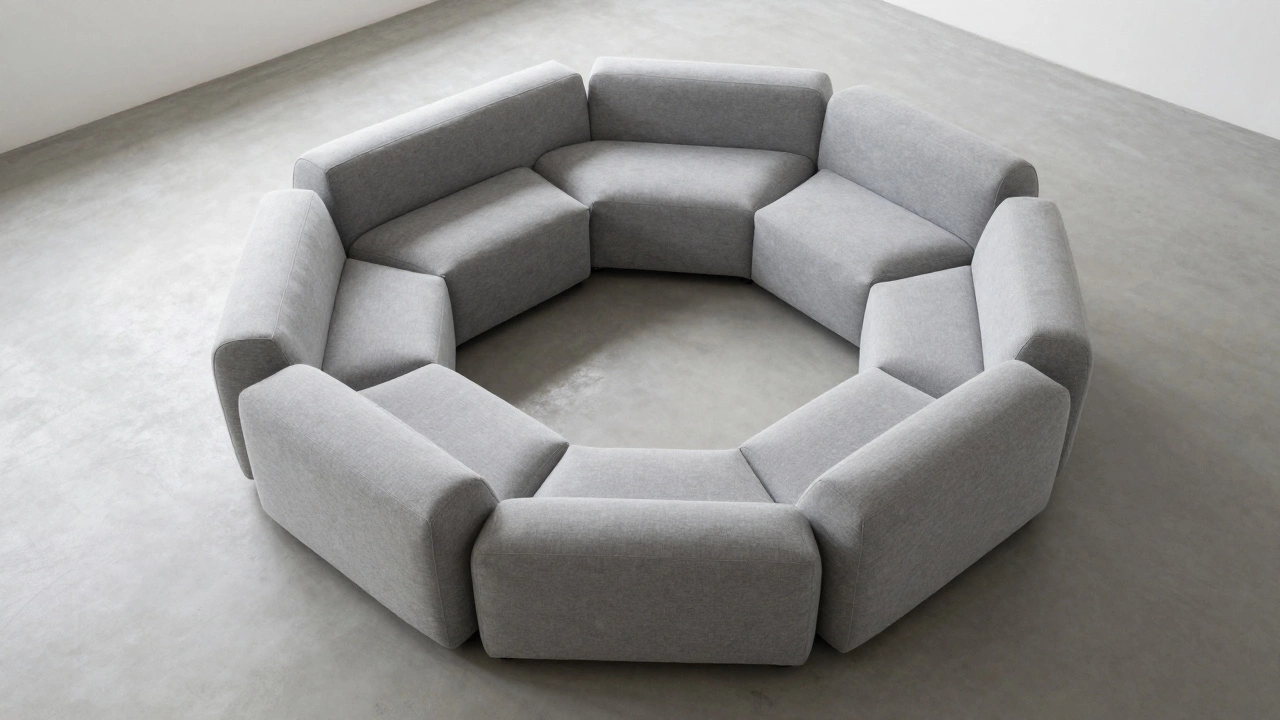 Top-down view of a grey modular dreamer couch arranged into a large lounging pit