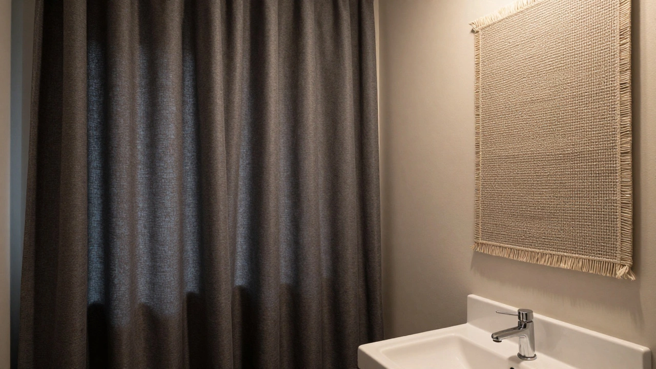Bathroom with blackout curtains and woven tapestries for sound dampening