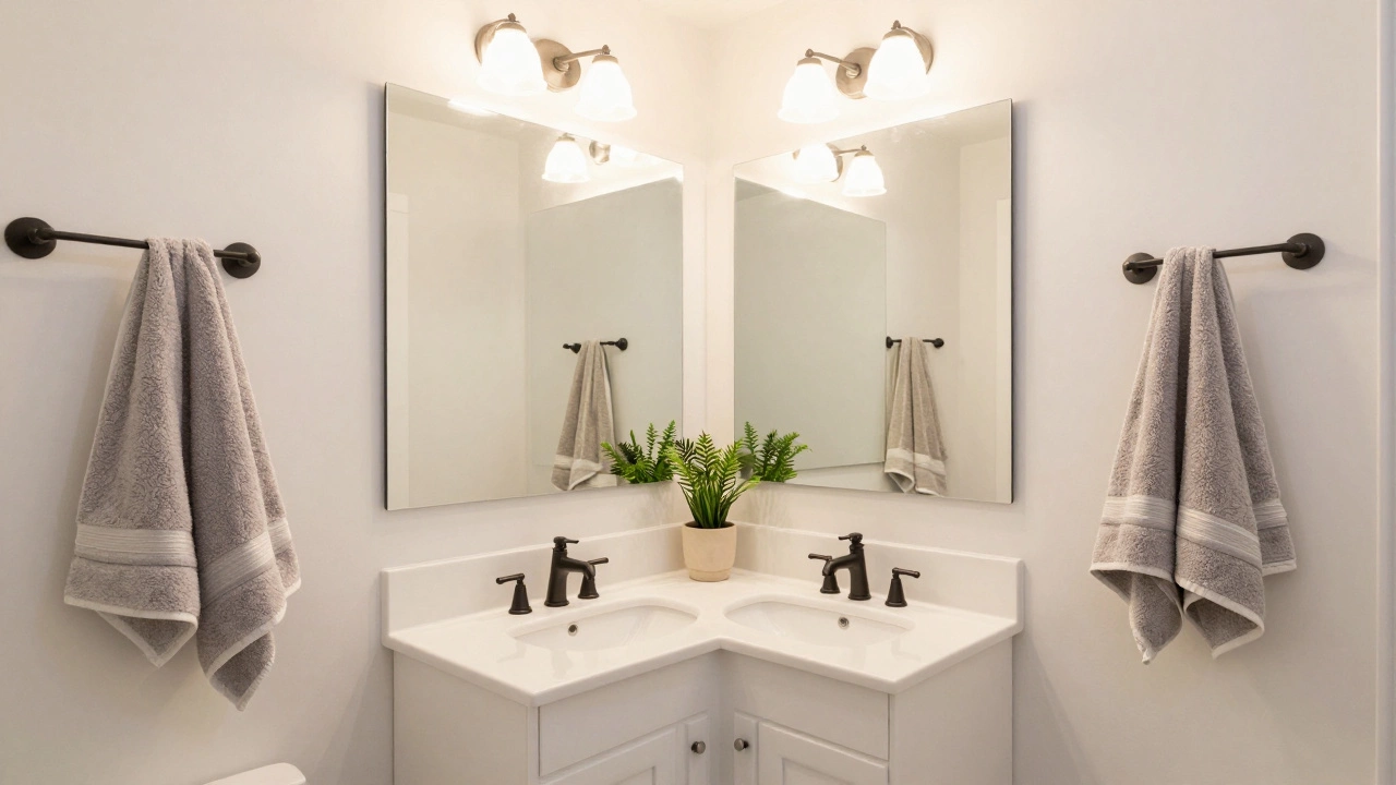 Bright, refreshed bathroom with new fixtures and warm lighting