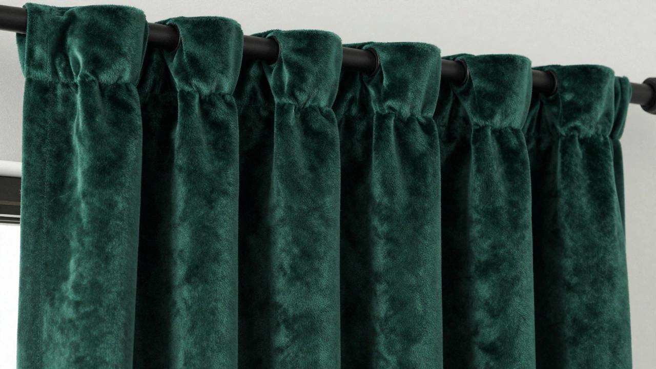 Close-up of emerald velvet drapes with French pinch pleats