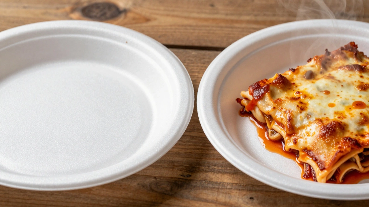 Comparison of fragile foam plate and sturdy rigid plastic plate with hot food.