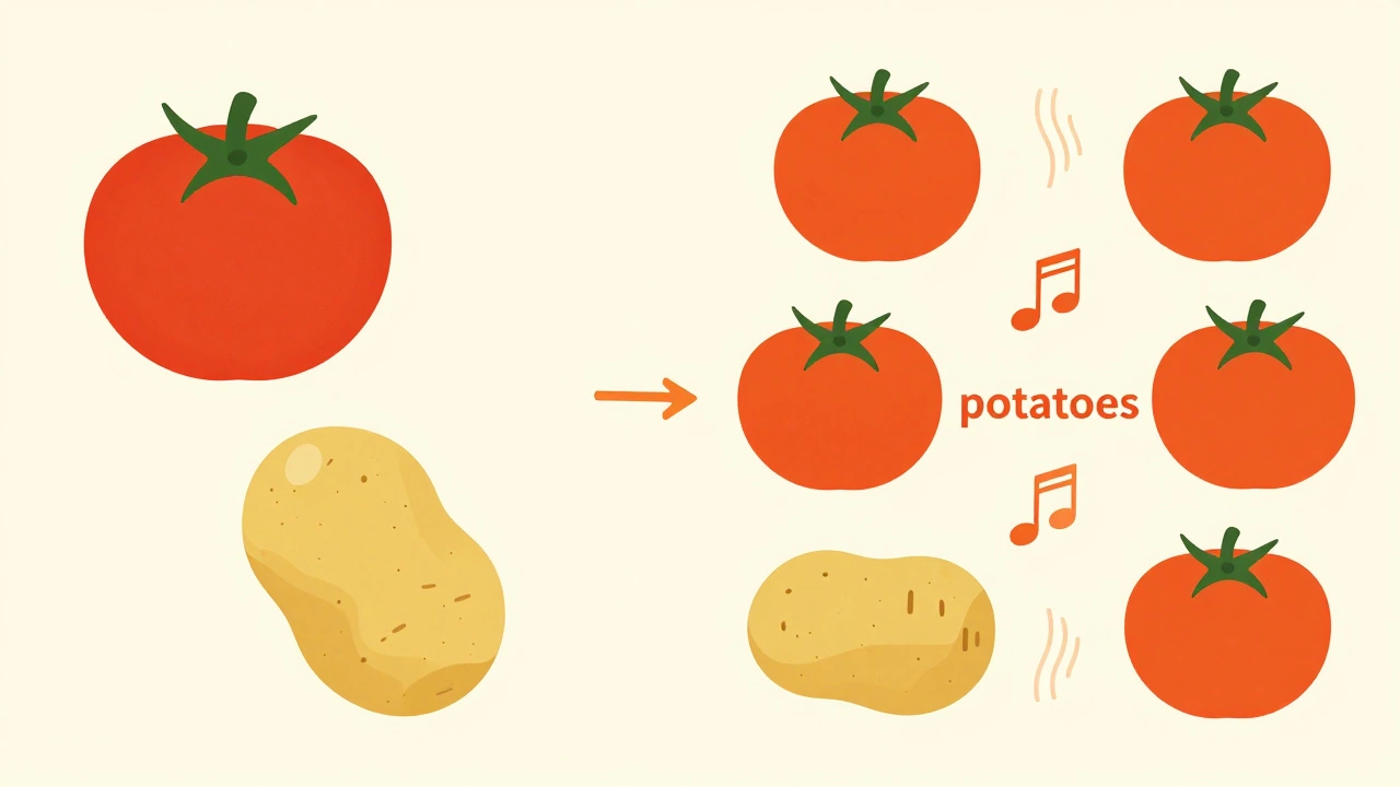 Conceptual art comparing singular and plural vegetables with musical notes