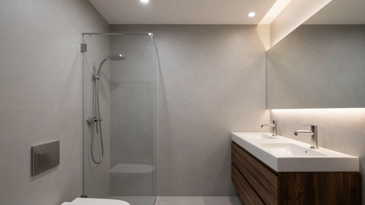Contemporary bathroom with light gray walls and stainless steel fixtures