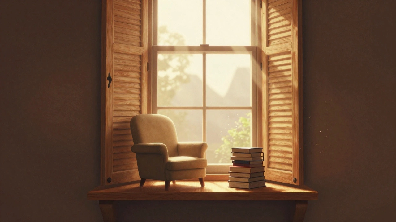 Cozy bay window reading nook with open wooden shutters
