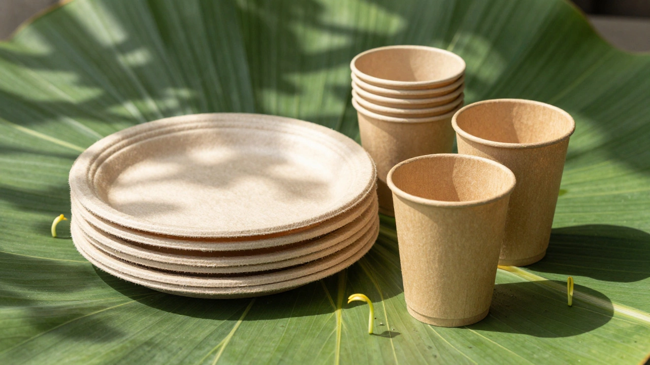 Eco-friendly bagasse and bamboo disposable tableware on a natural leafy surface.