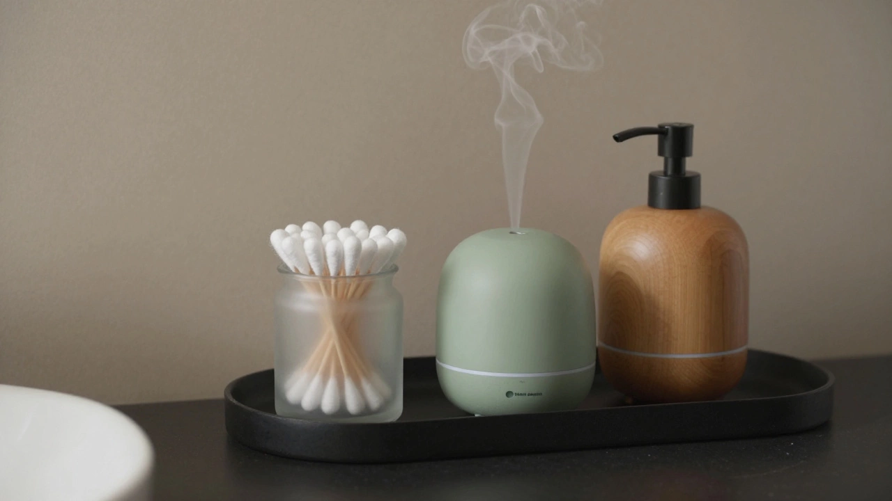 Frosted jars and essential oil diffuser on a minimalist vanity tray
