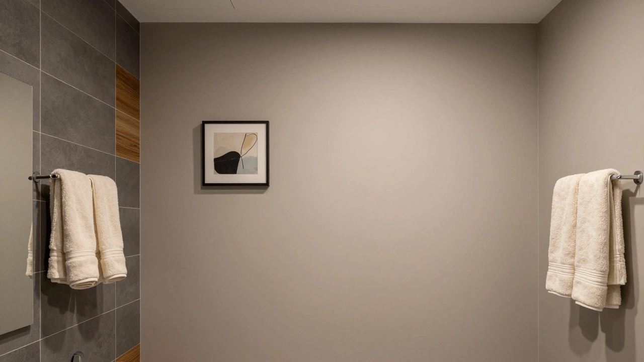 Greige bathroom interior with charcoal tiles and cream towels showing balanced design