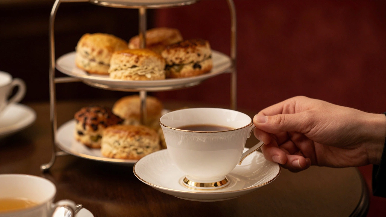 Hand placing teacup on saucer during formal afternoon tea