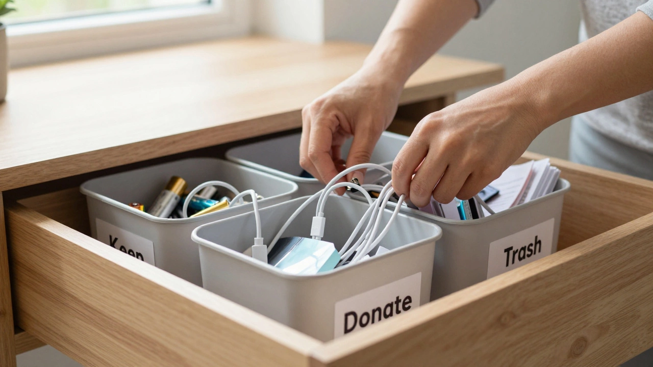 Hands sorting messy drawer contents into keep, donate, and trash bins
