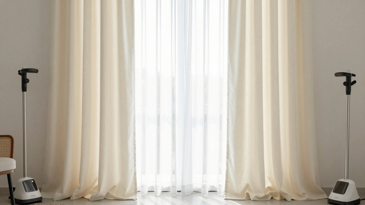 Layered sheer and heavy curtains in a bright, elegant bedroom