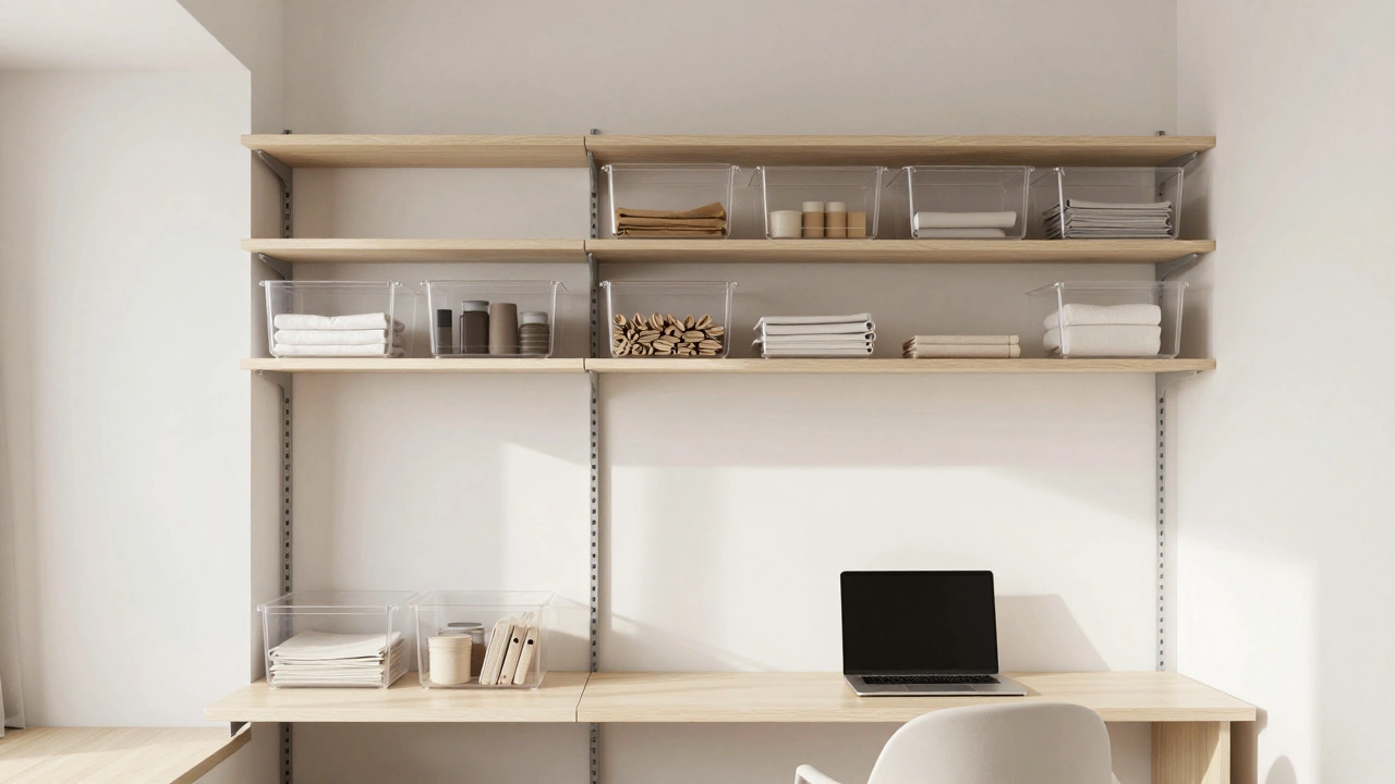 Minimalist organized room with vertical shelves and clear storage bins