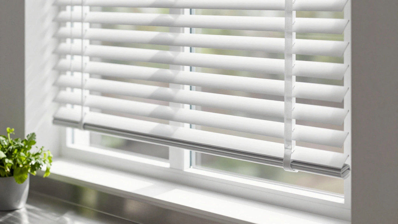 Modern kitchen window with white horizontal blinds for privacy