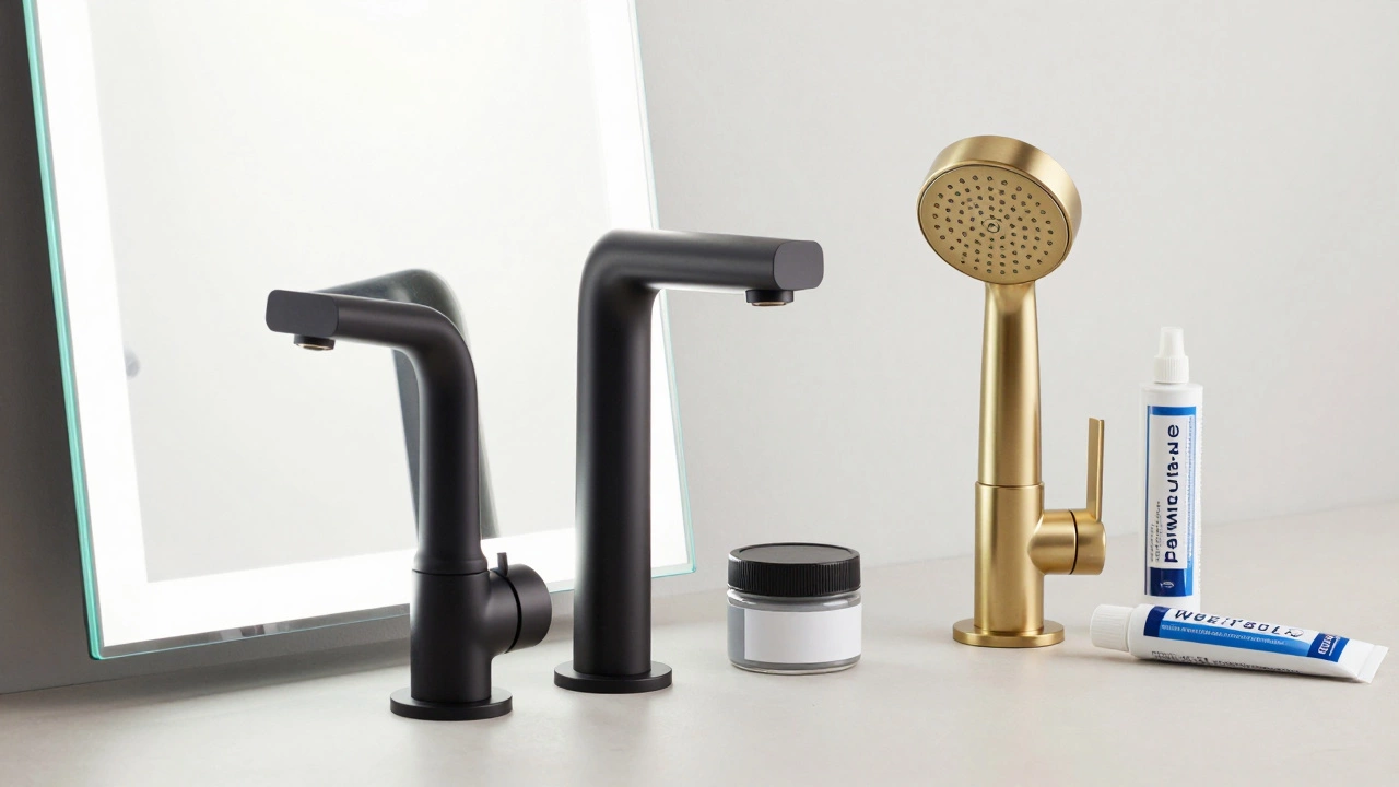 Modern matte black taps and LED mirror on a clean surface