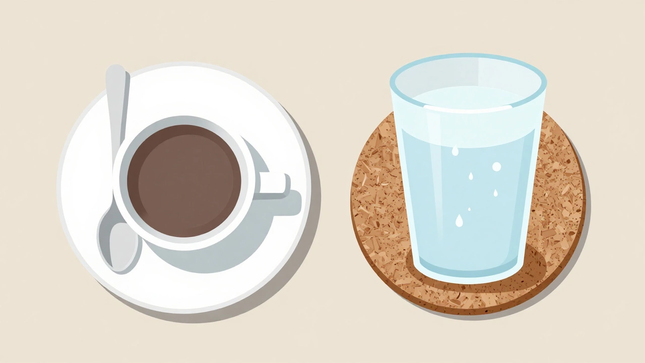 Side-by-side comparison of a ceramic saucer and cork coaster