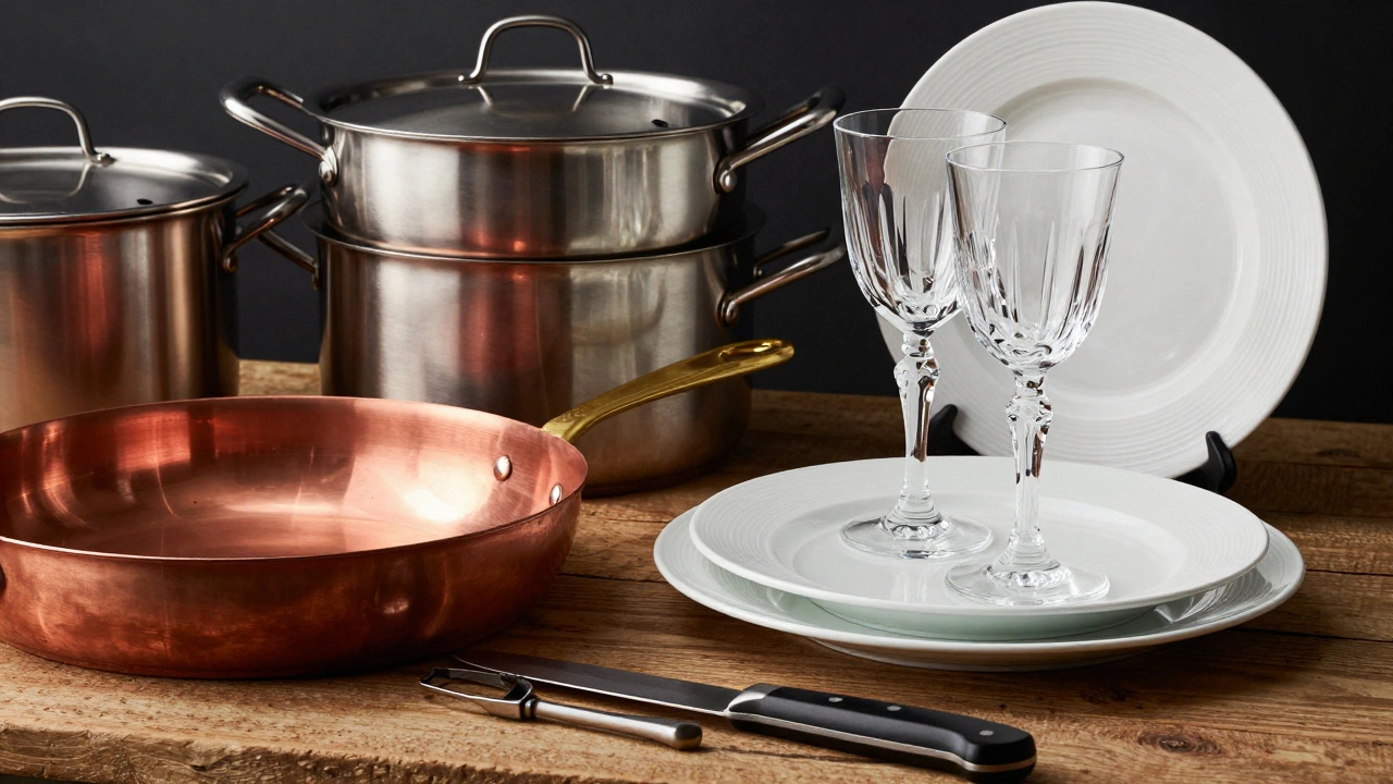 Stainless steel pots next to ceramic plates and glassware on a wooden counter