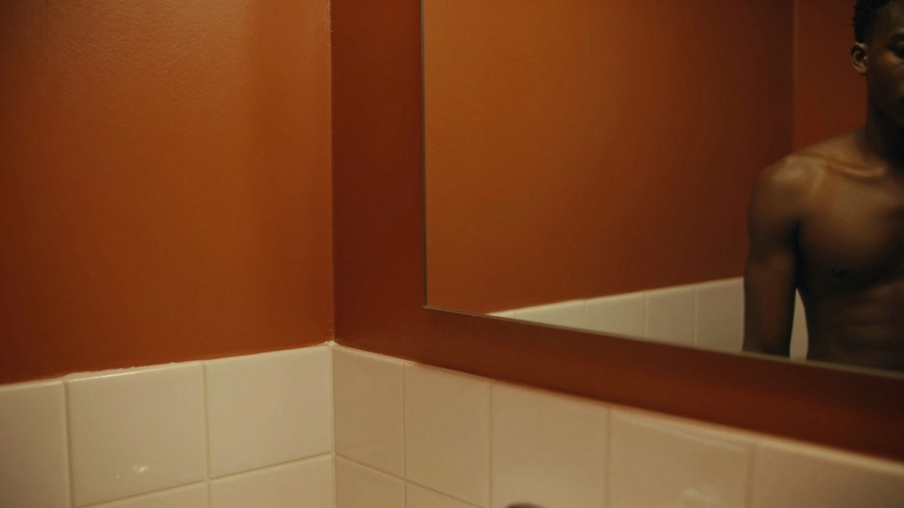 Terracotta walled bathroom with glossy tiles and warm lighting highlighting deep skin tone
