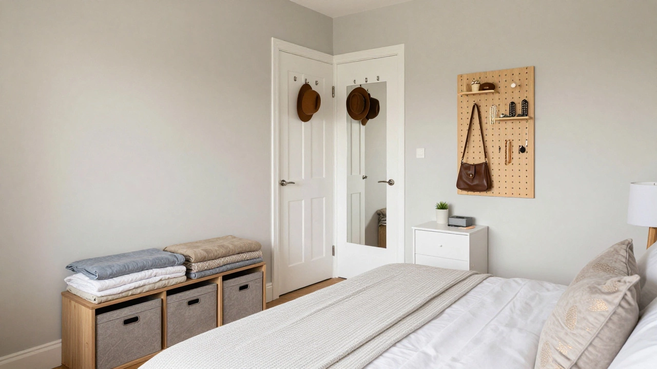 Tidy bedroom featuring storage bench, mirrored door, and pegboard organization