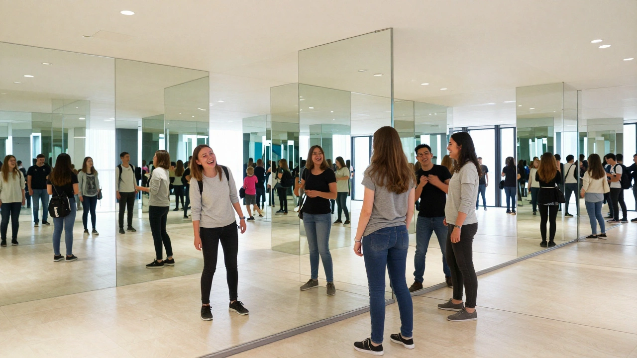 Visitors laughing at distorted reflections in acrylic trick mirrors