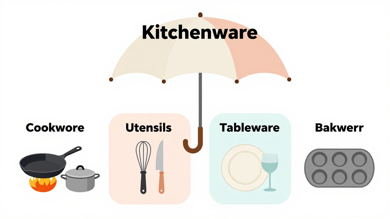Visual diagram categorizing kitchen items into cookware, utensils, and tableware