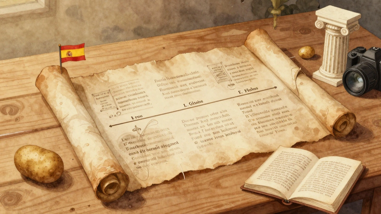 Watercolor illustration of historical documents and cultural symbols