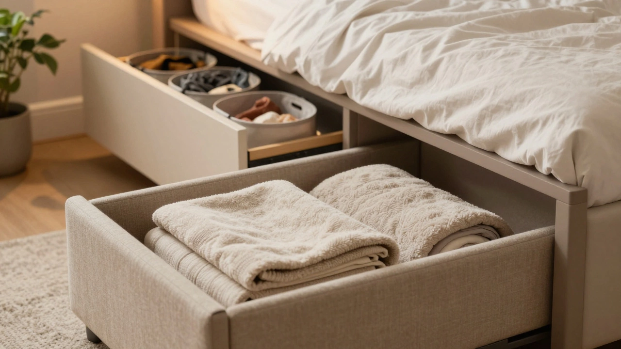 Bedroom with storage ottoman and under-bed bins