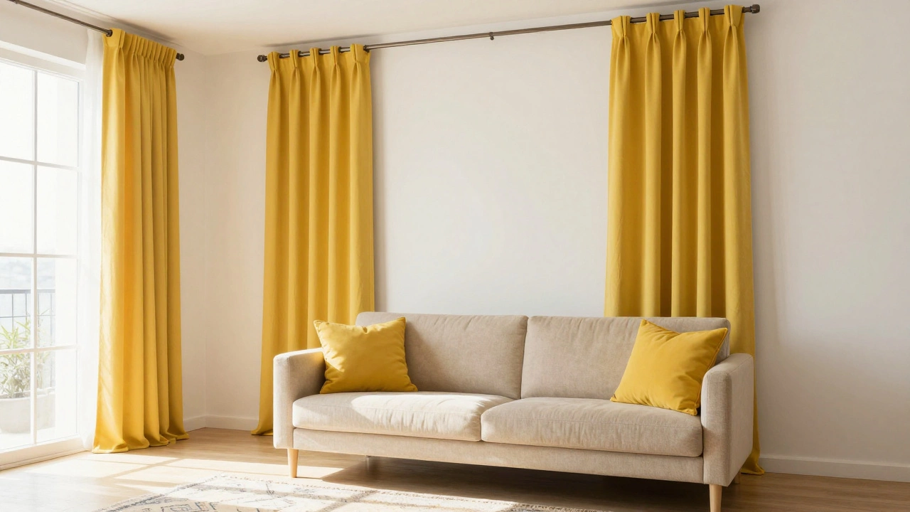 Beige sofa with mustard yellow pillows and matching curtains