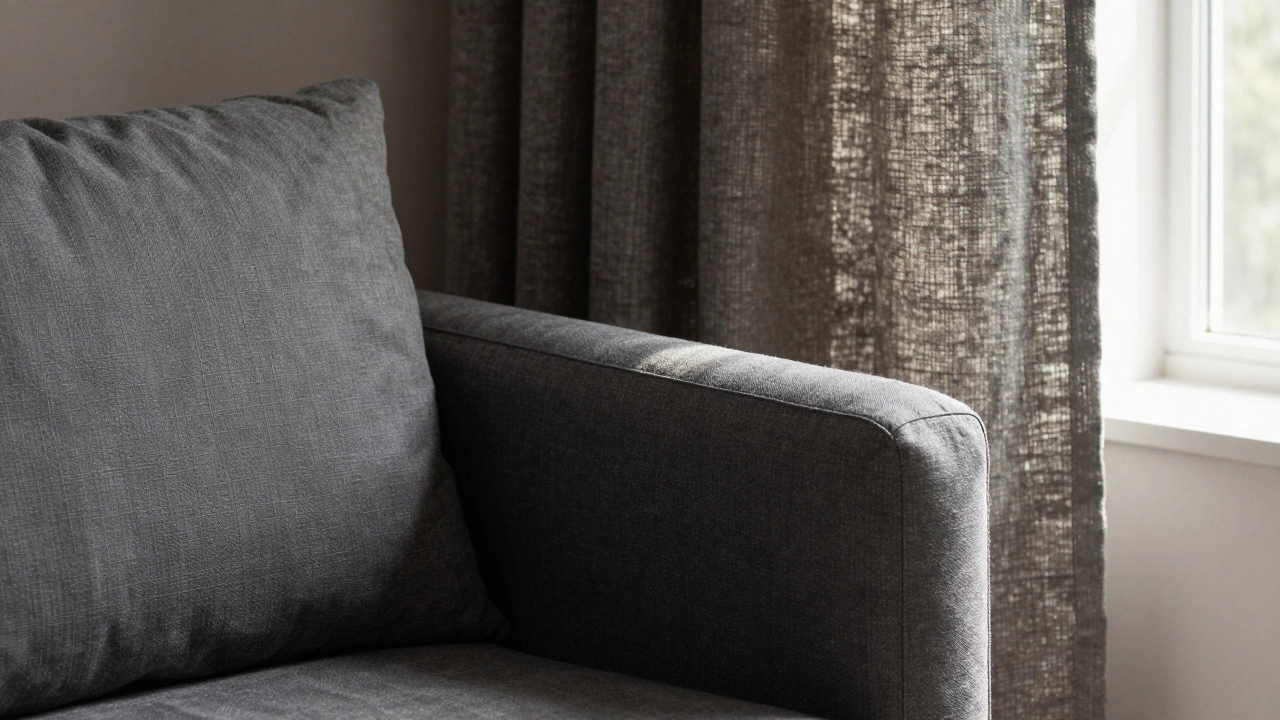 Charcoal sofa paired with textured slate gray linen curtains