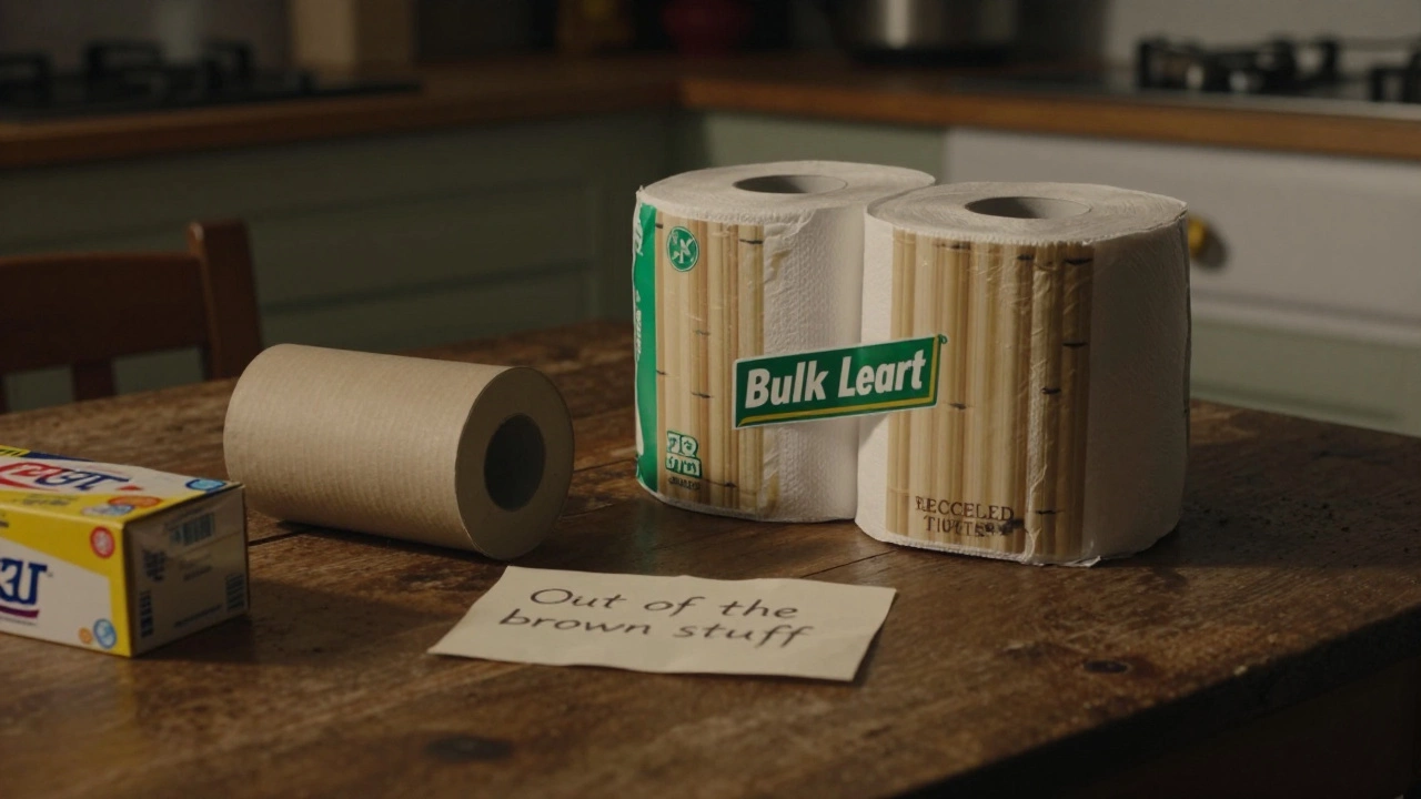Empty toilet paper roll and tea on a table symbolizing British humor