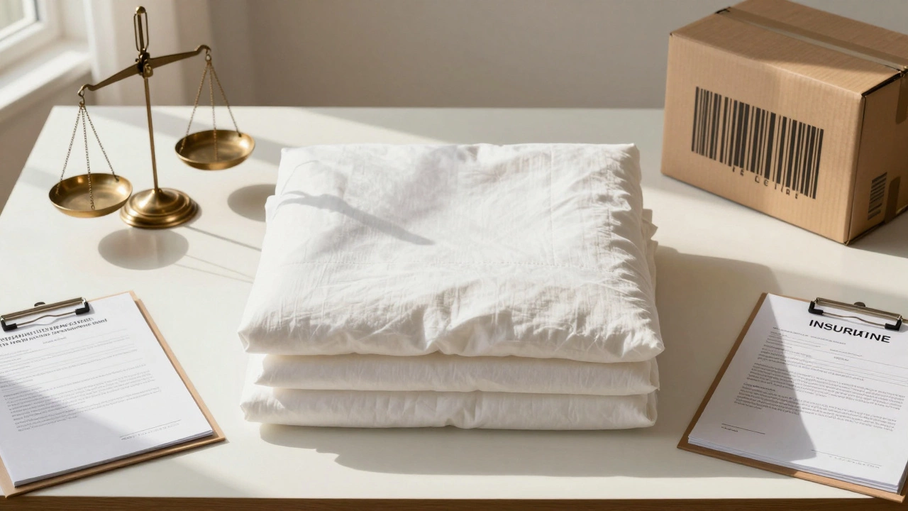 Folded bedding surrounded by symbols of tax, shipping, and insurance