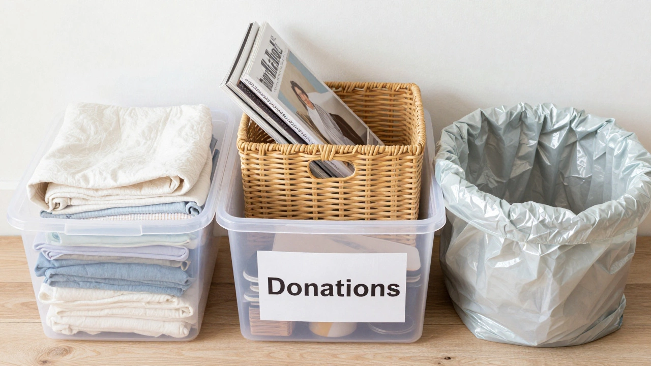 Four labeled boxes for sorting items: keep, donate, trash, relocate
