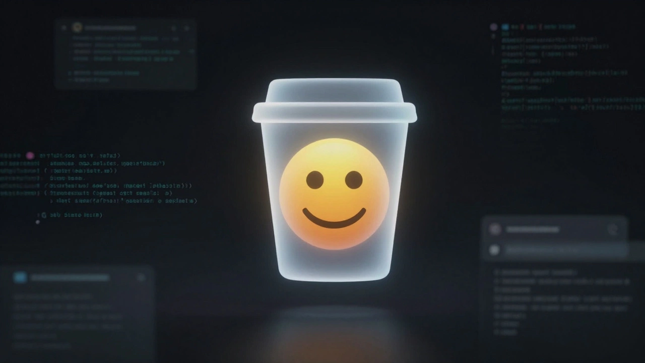 Glowing coffee emoji floating over abstract digital background