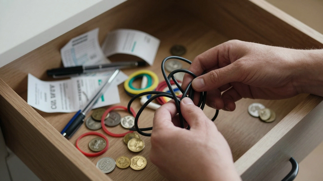 Hands sorting through a cluttered drawer full of cables and small items