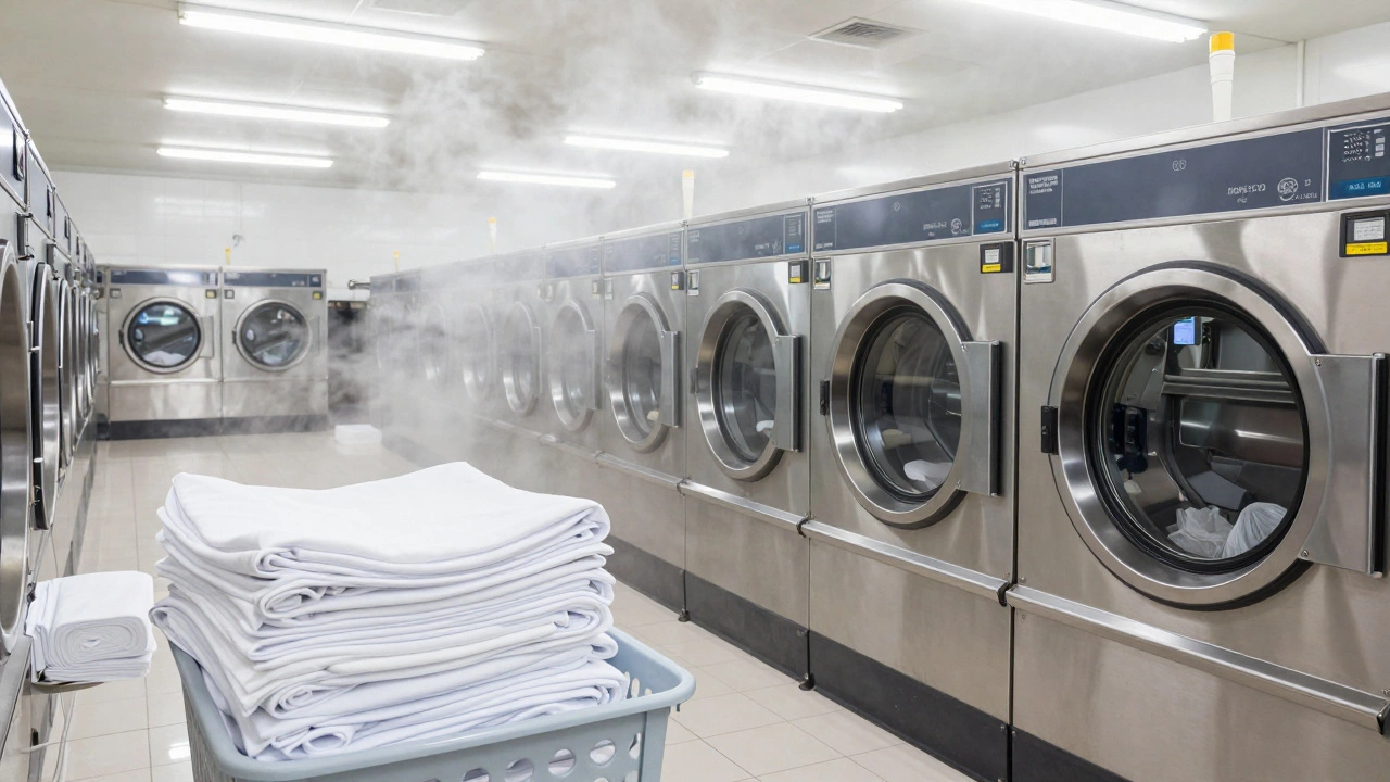 Industrial laundry room with heavy-duty washing machines