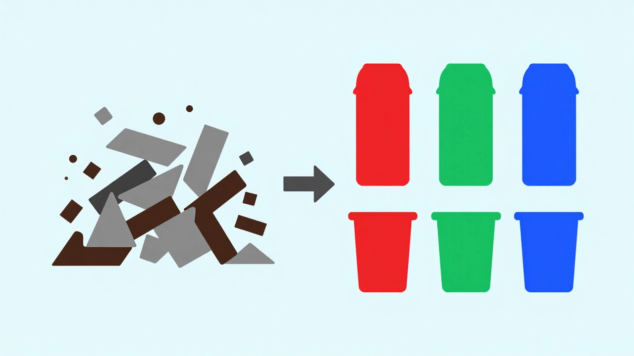 Minimalist graphic showing organization of clutter into three categories