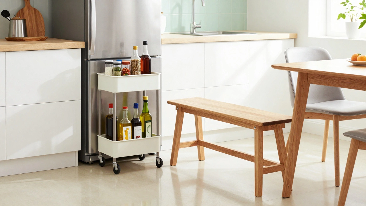 Narrow rolling cart in a kitchen gap and a storage bench demonstrating multi-use furniture.