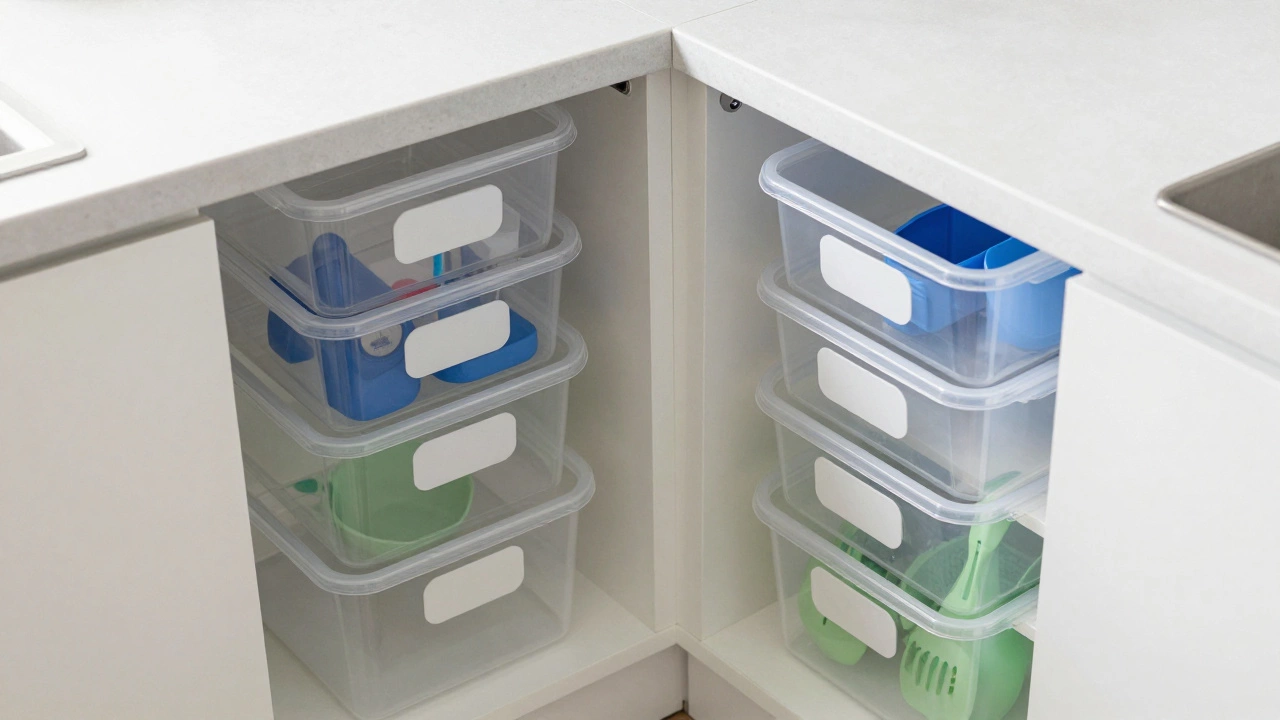 Organized kitchen with clear labeled storage bins