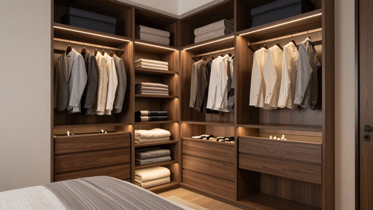 Organized walk-in closet in a master bedroom suite with warm lighting