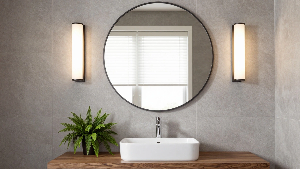 Oversized round bathroom mirror above a wooden vanity with sconces