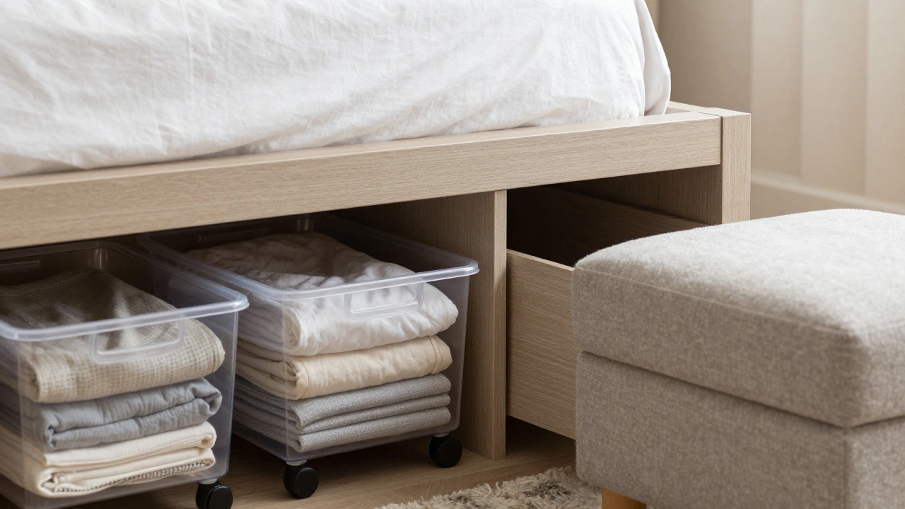 Rolling bins under a bed and a storage ottoman providing hidden floor-level storage.