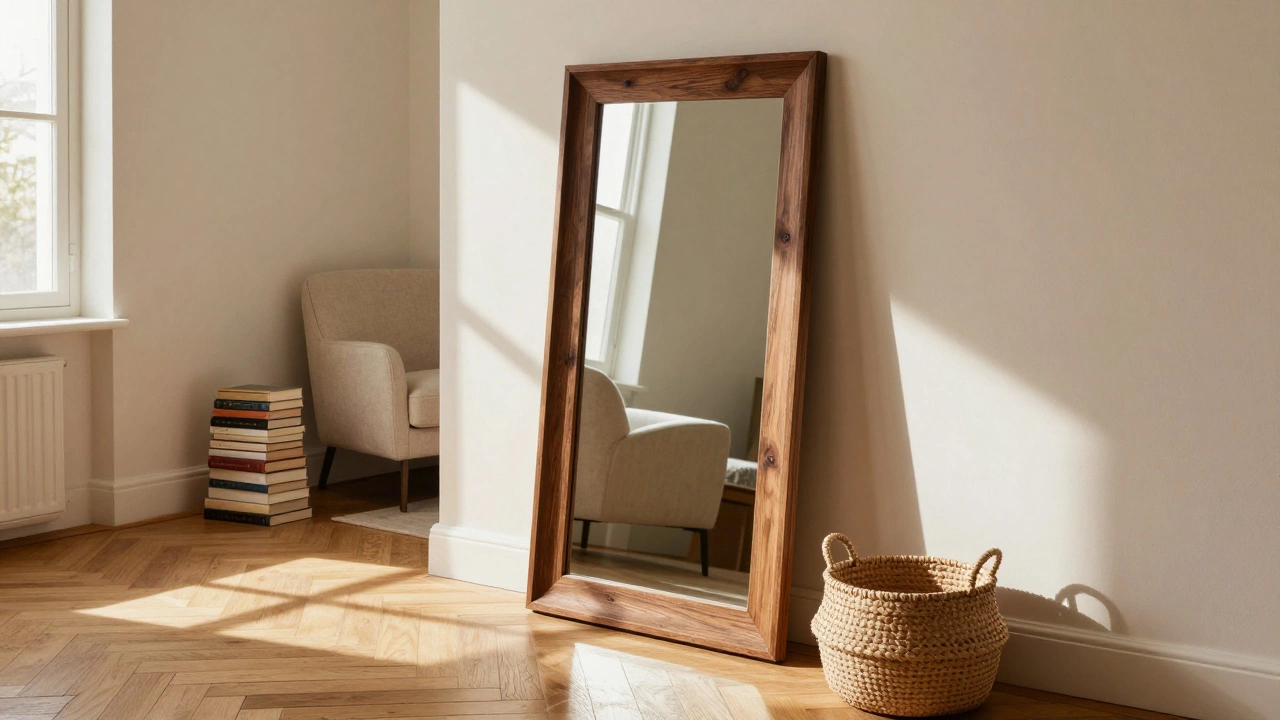 Tall full-length mirror with rustic wood frame leaning in a hallway