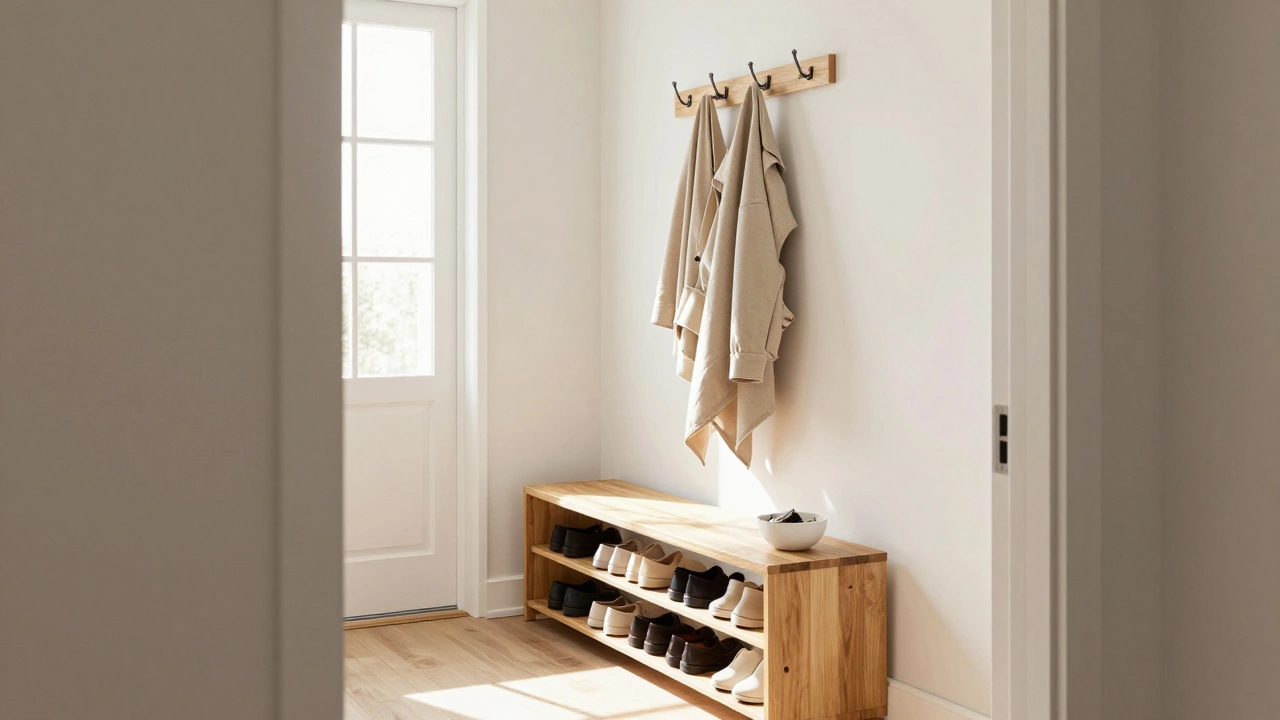 Tidy entryway with organized shoe rack and coat hooks