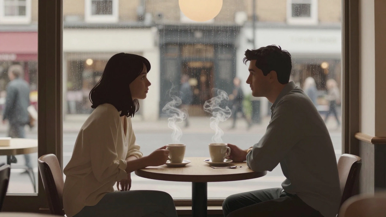 Two people sitting at a cafe table with coffee cups in soft light