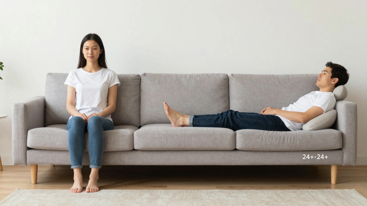 Two people sitting in standard vs deep seat sofas showing posture
