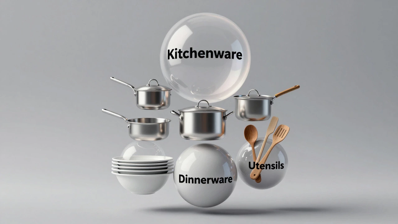 Abstract 3D visualization of kitchenware categories and material types floating in space.