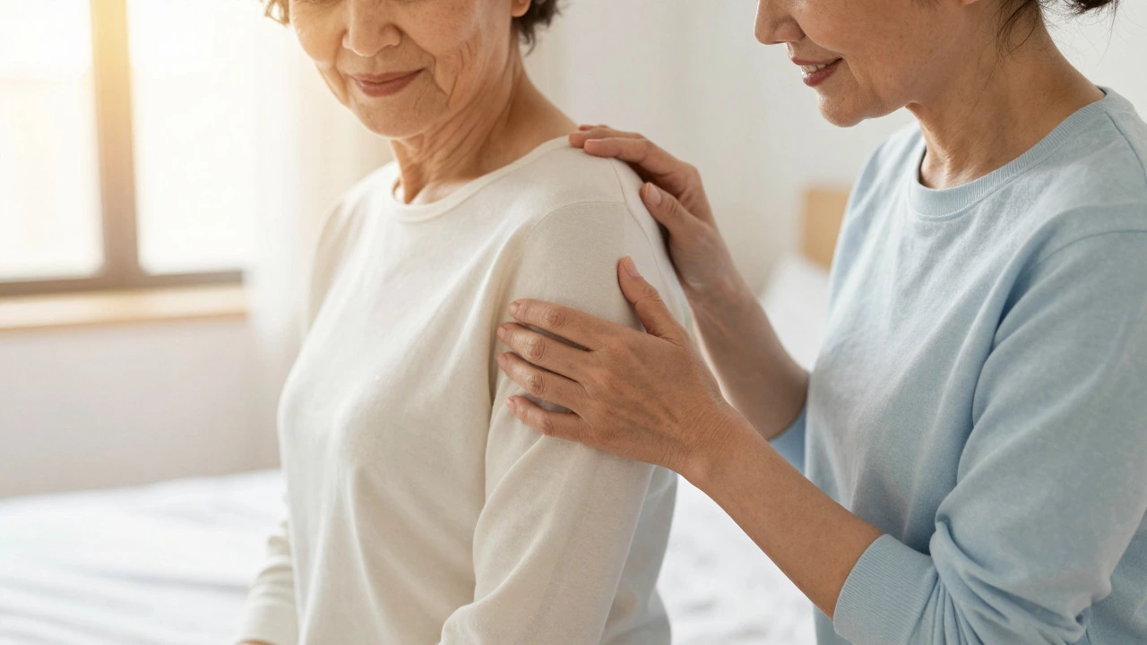 Adult child helping elderly mother dress in sunlit bedroom
