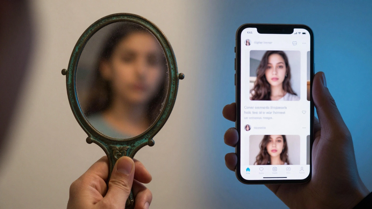 Bronze mirror vs smartphone screen symbolizing vanity and reflection
