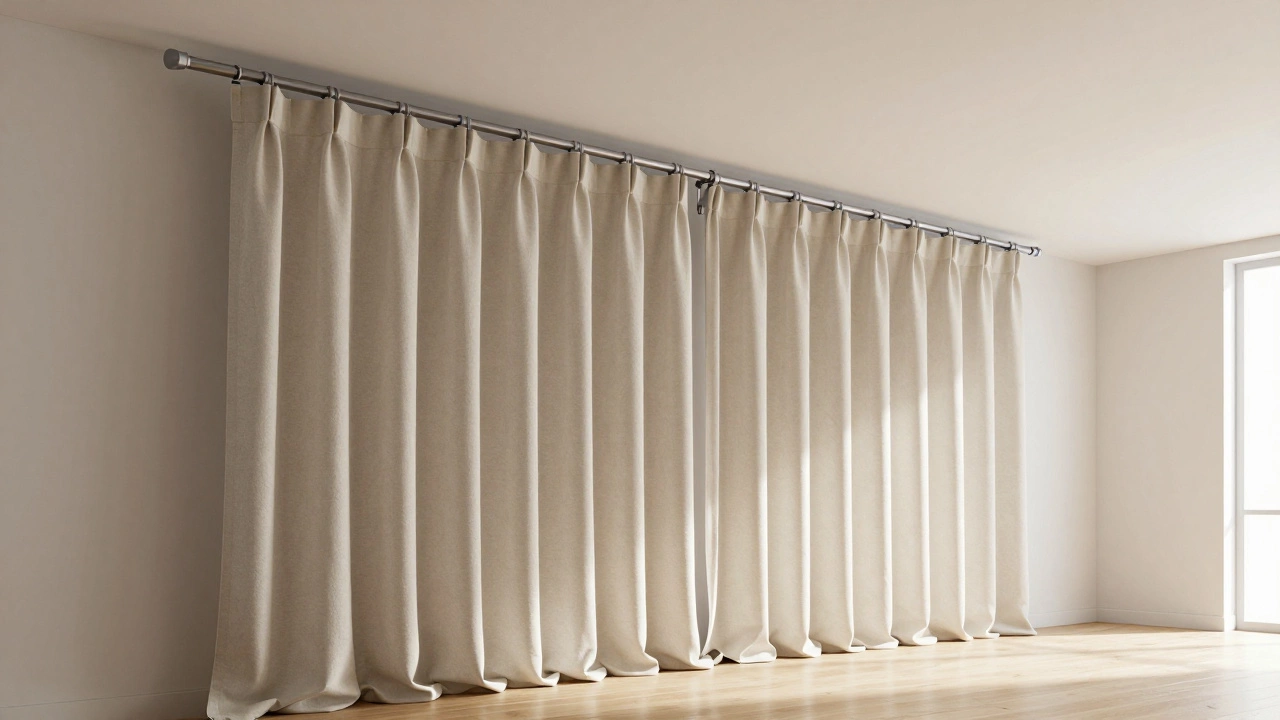 Curtain rod hung near ceiling with long beige drapes emphasizing vertical space