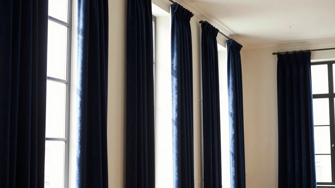 Dark navy curtains against light walls creating depth and height in a bright living room