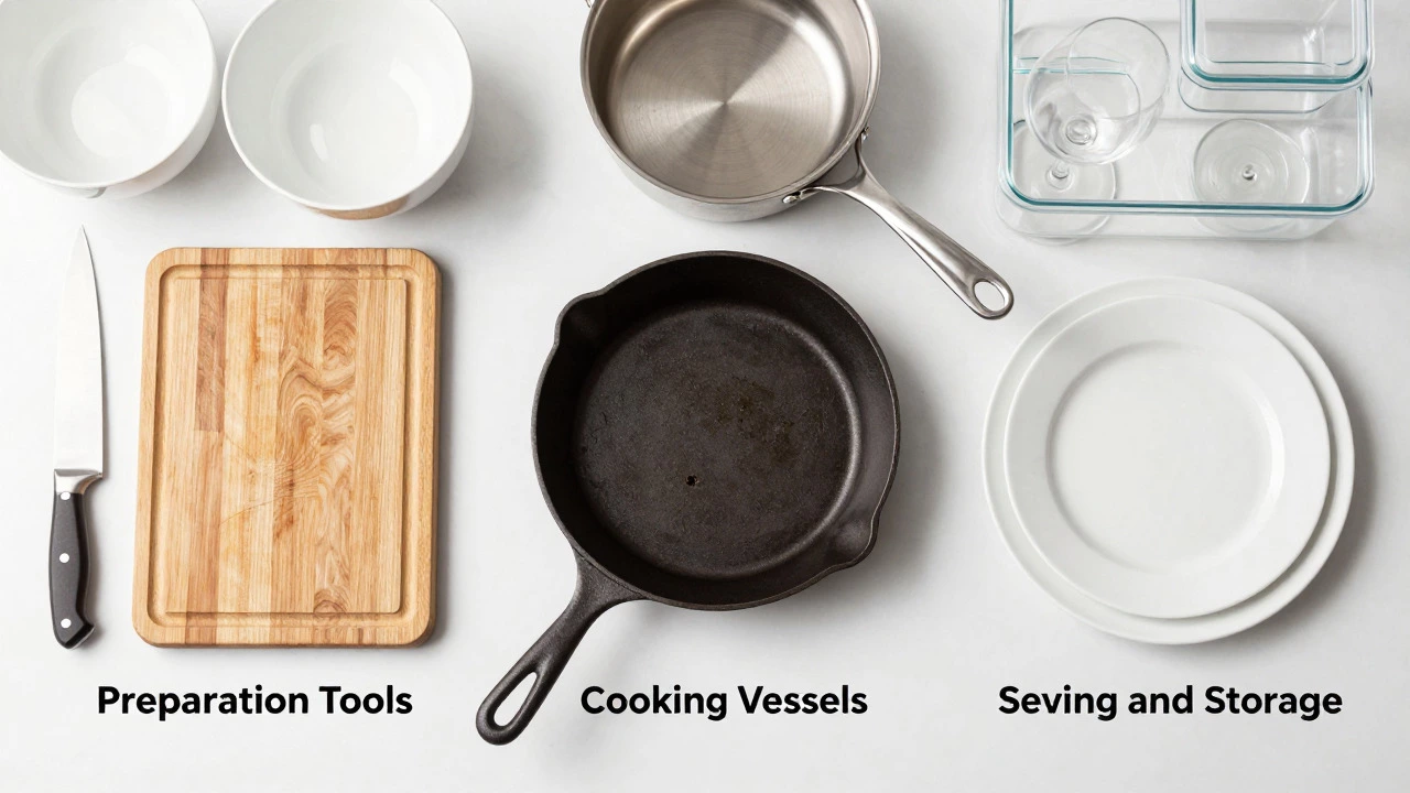 Flat lay of kitchen tools grouped by function: prep, cooking vessels, and serving ware.