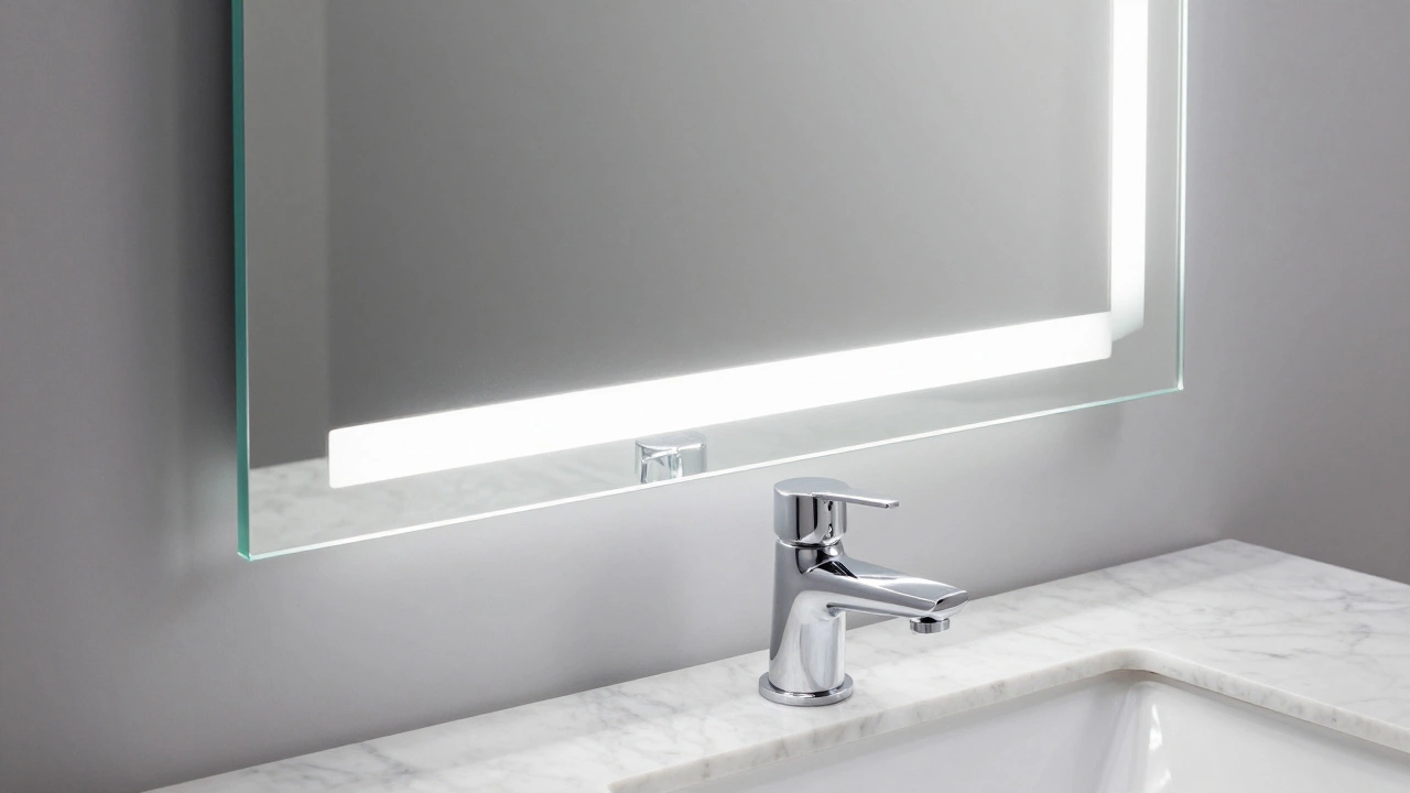 Frameless anti-fog bathroom mirror above marble vanity